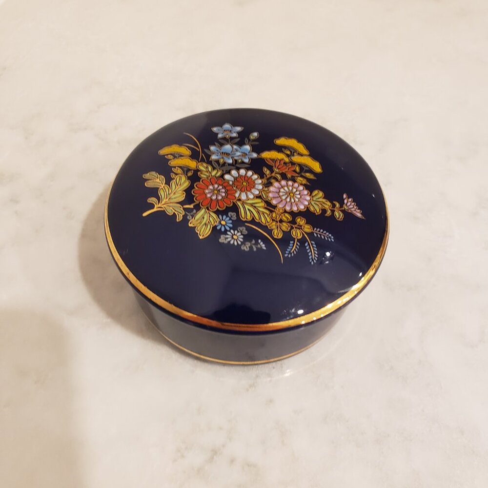 Cobalt Blue Porcelain Ceramic Floral Jewelry Container